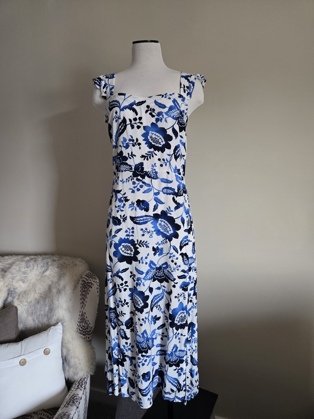 LOFT White Maxi Dress with Blue Floral Print and Square Neck